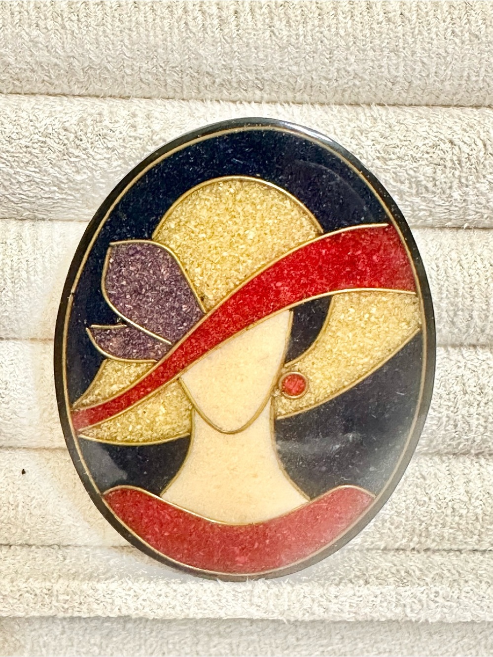 Vintage Gold, Red and Black Enamel Woman Brooch